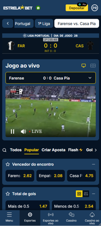 Transmissão ao vivo na casa de apostas da EstrelaBet, com partida entre Farense e Casa Pia exibida em tempo real e opções de apostas visíveis abaixo do vídeo.