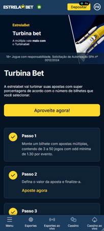 Tela da EstrelaBet explicando a promoção Turbina Bet, que aumenta o valor das apostas múltiplas conforme o número de seleções.