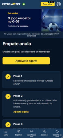 Tela da EstrelaBet explicando a promoção “Empate Anula” com reembolso em caso de 0 a 0.