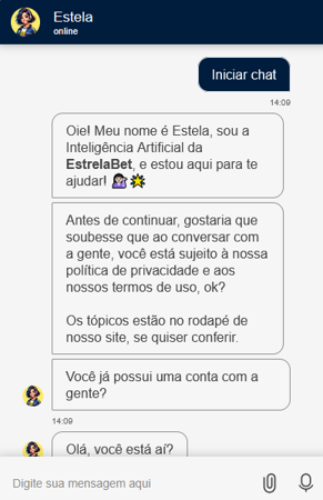 Tela do chat de atendimento da EstrelaBet com a assistente virtual Estela. Ela se apresenta, informa sobre os termos de uso e política de privacidade, e pergunta se o usuário já possui uma conta.