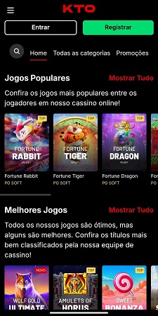 Tela inicial do cassino KTO destacando os jogos populares, como Fortune Rabbit, Fortune Tiger e Fortune Dragon