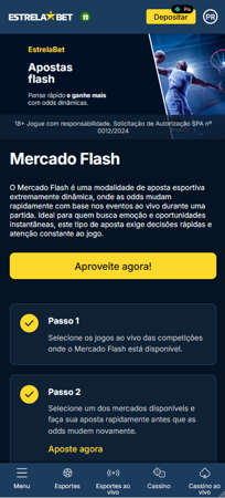 Tela da EstrelaBet apresentando o Mercado Flash, com apostas esportivas de odds dinâmicas e decisões rápidas.