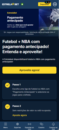 Tela da EstrelaBet com a promoção de pagamento antecipado para apostas em futebol e NBA.
