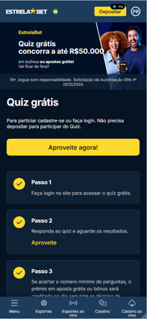 Tela promocional da EstrelaBet com quiz grátis que dá até R$50.000 em apostas ou bônus, com três passos para participar.