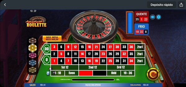 Página do jogo roleta “American Roulette” no aplicativo da Superbet em modo paisagem