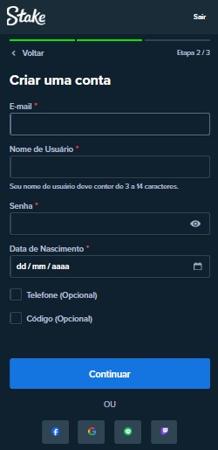 Área de cadastro da Stake