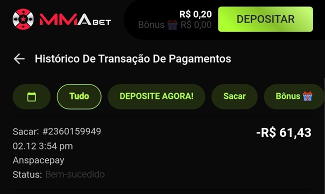  histórico de transações de pagamentos na MMAbet Brasil