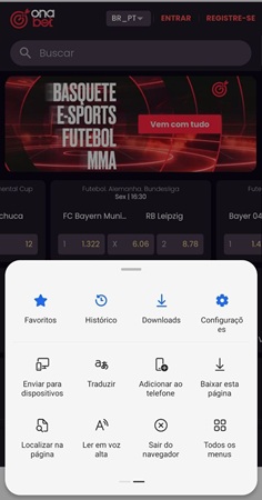 página de esportes da Onabet no navegador Edge com botão de “adicionar ao telefone” visível