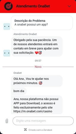 Página de chat ao vivo com a Onabet