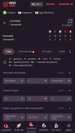 Página de resultado do Rochdale x Tamworth na Liga Nacional da Inglaterra na Onabet