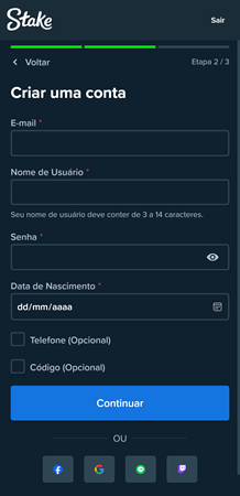 Página do formulário de cadastro pelo Stake app