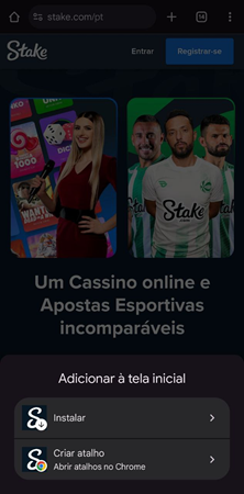Página do Chrome com a opção de Instalar Stake app e criar atalho