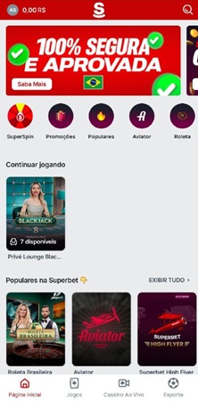 Página principal do aplicativo Superbet para Android
