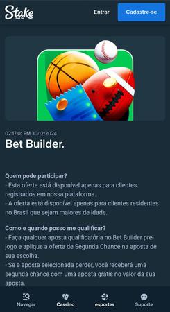 Tela da promoção Bet Builder na Stake. O texto explica as regras da promoção e como os jogadores podem participar.