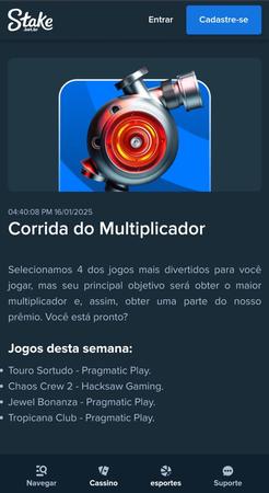 Tela da promoção "Corrida do Multiplicador" no Stake. A imagem mostra um motor turbinado, simbolizando a competição pelo maior multiplicador em jogos selecionados.