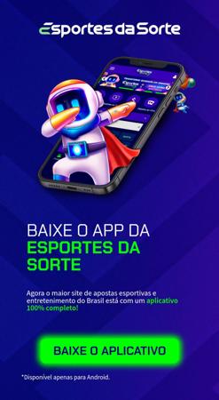 Imagem promocional do aplicativo da Esportes da Sorte com um astronauta segurando um celular e o slogan para baixar o aplicativo.