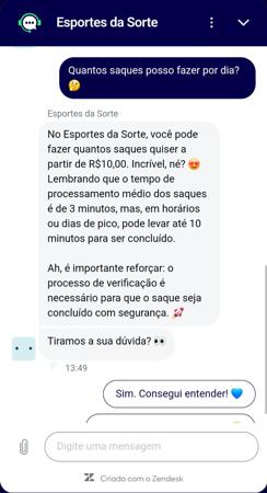 Tela do atendimento ao cliente da Esportes da Sorte, destacando uma conversa sobre limites de saque diário.