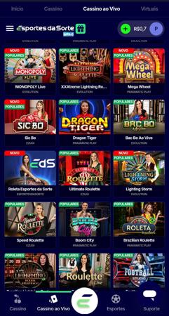 Interface do cassino ao vivo da Esportes da Sorte com jogos como roleta, Bac Bo ao vivo e outros títulos populares.