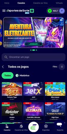Interface do cassino online Esportes da Sorte com destaque para jogos populares e novos lançamentos