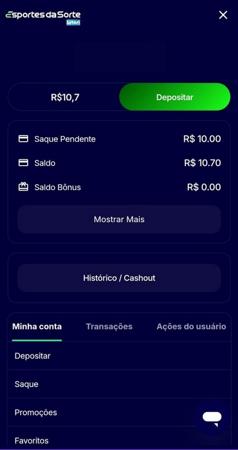 Interface de conta da Esportes da Sorte mostrando saldo disponível, saque pendente e opções de depósito.