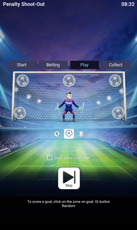 Página principal do Penalty Shoot Out, com o goleiro no meio e cinco cantos para escolher onde chutar