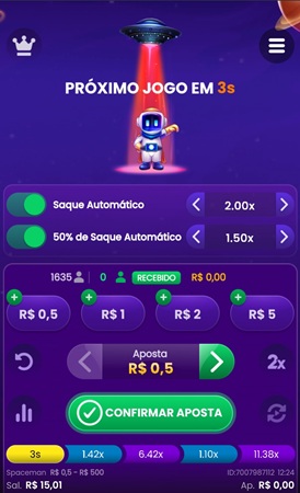 Página principal do Spaceman com saques automáticos ativados em 2.0x e 1.50x na Superbet