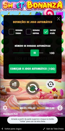 Recurso de Autoplay no Sweet Bonanza com rodadas rápidas, rodadas turbo e saltar ecrãs com o botão "começar o jogo automático (100)"