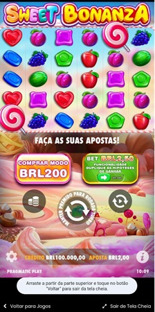Página do Sweet Bonanza com 2 pirulitos Scatter e com o botão de comprar modo bônus por R$200