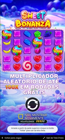 Página inicial do Sweet Bonanza com 4 doce-bombas e multiplicadores aleatórios de até 100x em rodadas grátis