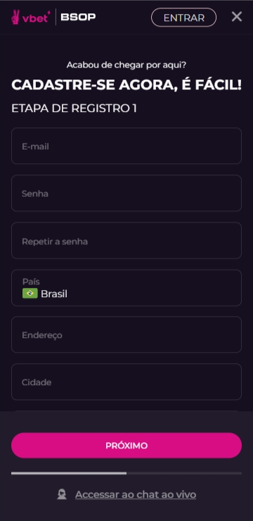 Formulário de cadastro Vbet