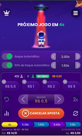 Página do Spaceman com aposta confirmada de R$0,50 entre rounds na Betano