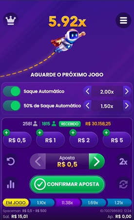 Tela do Spaceman com rodada em andamento e multiplicador 5.92x na Superbet