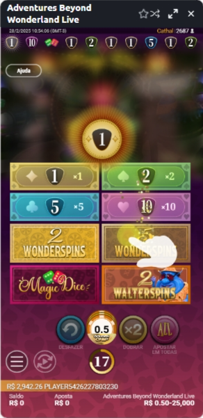 Interface de aposta no jogo Adventures Beyond Wonderland Live