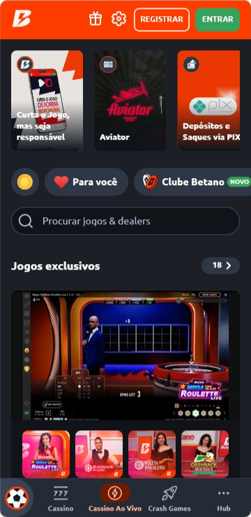 Página principal do cassino ao vivo Betano pelo aplicativo para Android