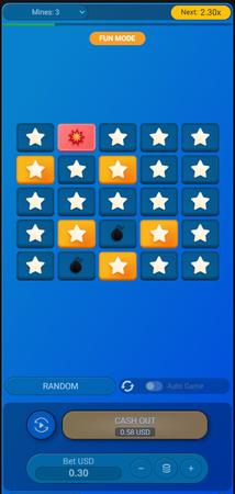 Captura de tela do jogo Mines, mostrando um tabuleiro azul onde várias casas foram abertas revelando estrelas, mas uma bomba foi acionada e destacada em vermelho