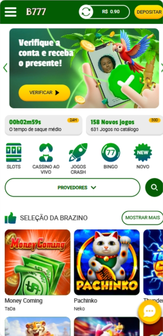 Página principal do site mobile da Brazino777