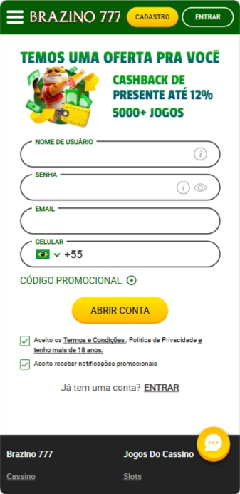 Formulário de cadastro no site da Brazino777