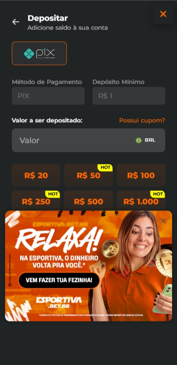 Página de depósito do site responsivo Esportiva.bet