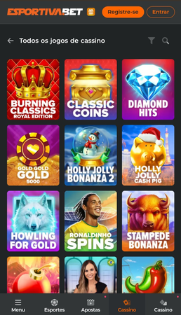 Biblioteca de jogos do cassino Esportiva.Bet, exibindo caça-níqueis como Burning Classics, Classic Coins e Diamond Hits.
