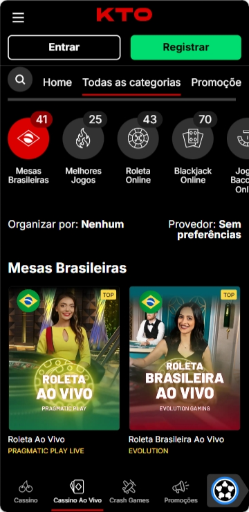 Página de jogos do cassino ao vivo na KTO