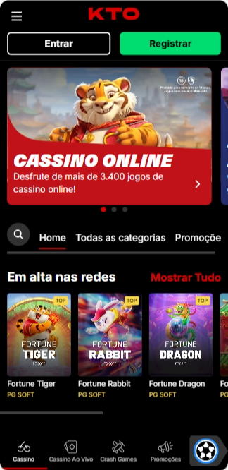 Página principal do cassino no site da KTO com banner em destaque