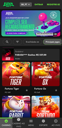 Interface do cassino Luvabet com  exibição de jogos como Fortune Tiger, Fortune Ox e Tigre Sortudo