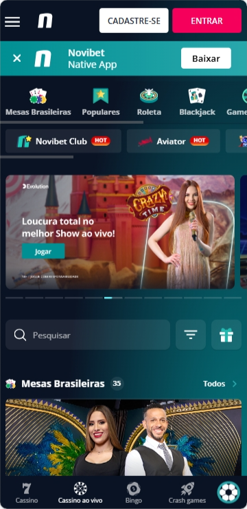 Página principal do cassino ao vivo na Novibet pelo site responsivo