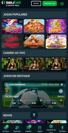 Interface do cassino da SeuBet, com jogos populares como Aviator, Fortune Rabbit e blackjack ao vivo.