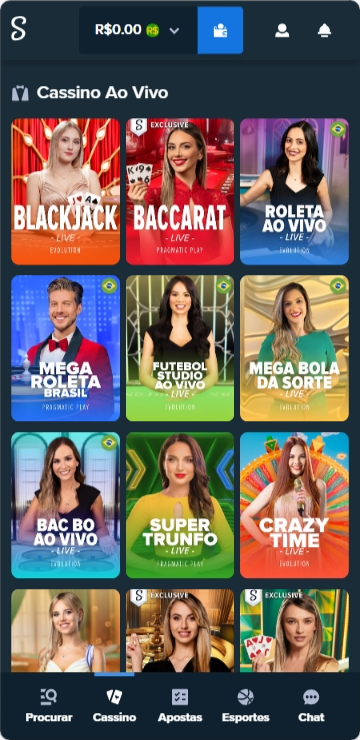 Página de jogos do cassino ao vivo na Stake