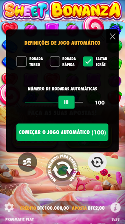 Tela de configuração de apostas automáticas no jogo Sweet Bonanza, com opções de rodadas turbo, rápidas e número de rodadas selecionadas