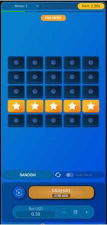 Tela do jogo Mines, em que uma linha inteira de casas foi selecionada, revelando estrelas no jogo da bombinha