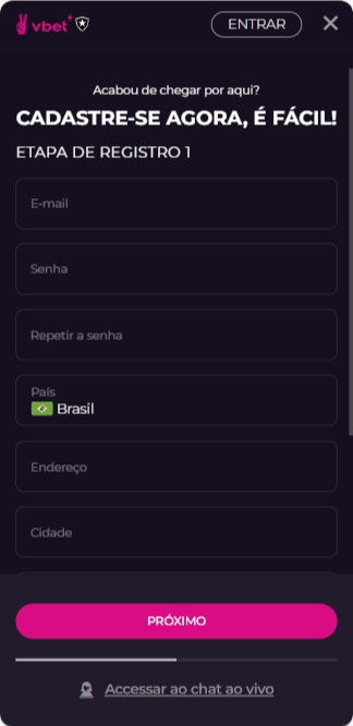 Interface de cadastro do Vbet pelo celular com campos para e-mail, senha e acesso ao chat ao vivo