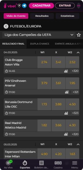 Página principal de esportes da Vbet com mercados de resultado final no futebol da Europa
