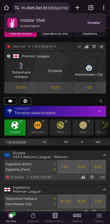 Interface do site com a opção de Instalar o Vbet app no Chrome
